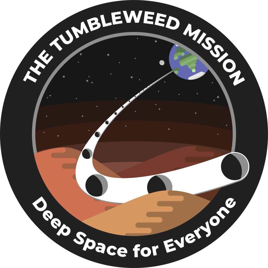 Team Tumbleweed mission patch, showing Tumbleweeds coming toward a Martian surface from the far-away Earth