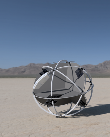 Rendering of the Tumbleweed Mars rover in a simulated desert landscape